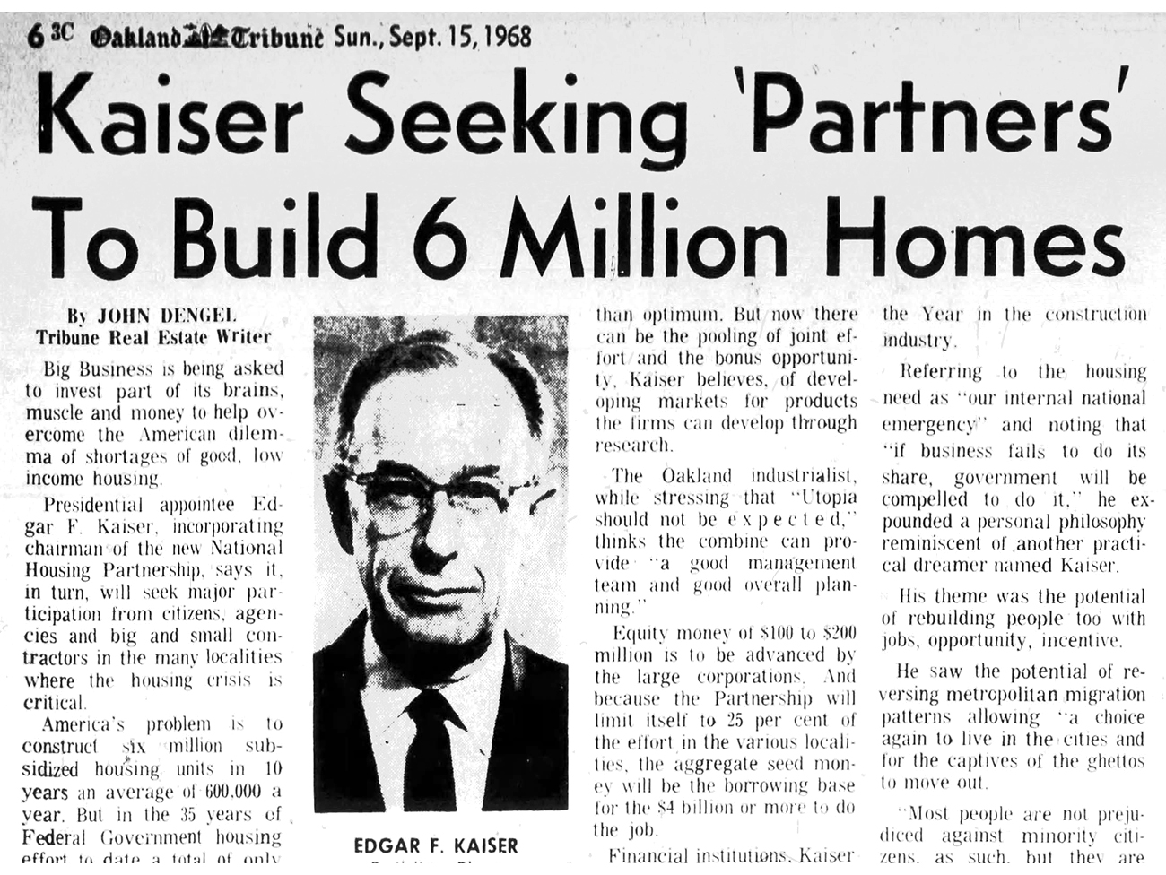 1968年9月15日，报纸上的一篇文章描述了埃德加·凯泽的经济适用房计划。
