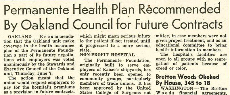 “奥克兰理事会为未来合同推荐的《永久卫生计划》，ILWU调度员，1945年6月15日。