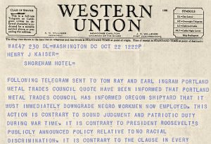 1942年，美国劳工联合金属贸易部门总裁的电报，涉及涉及波特兰院子的黑人工人的劳工问题。