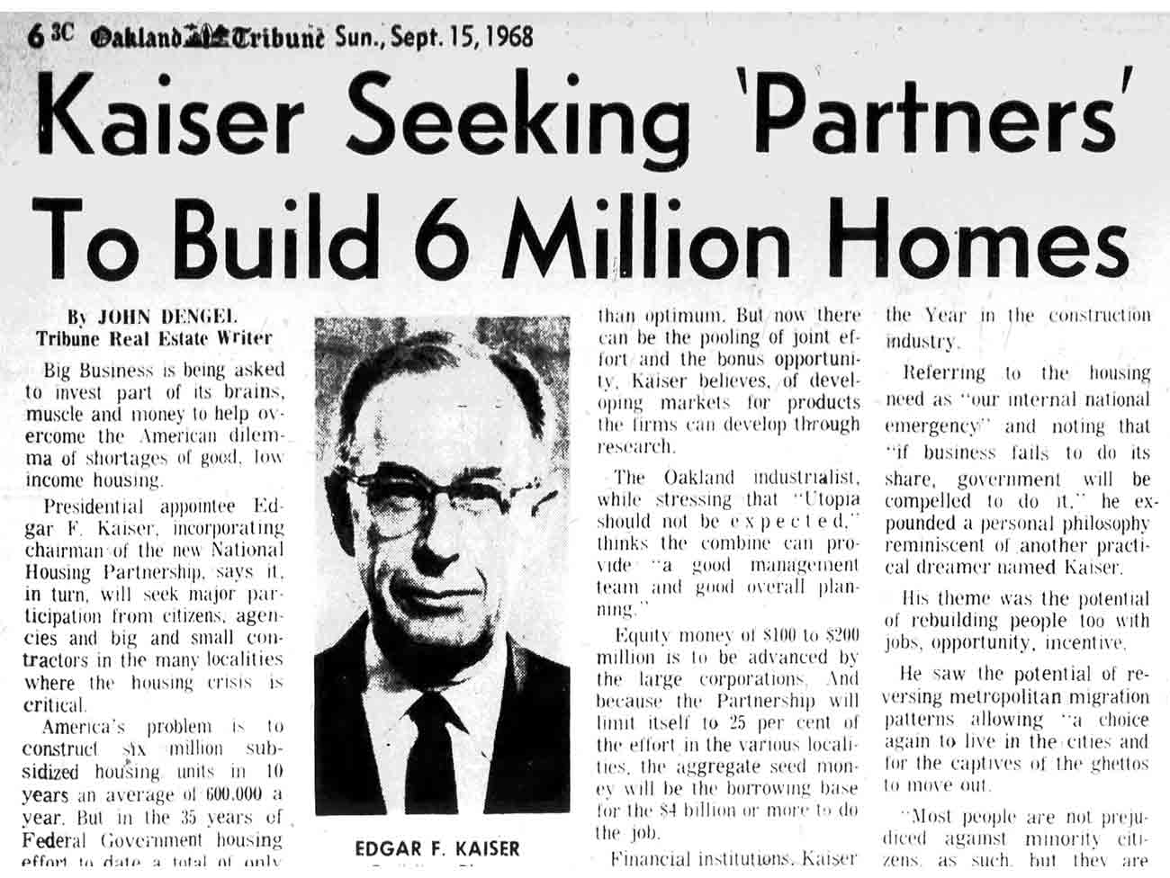 1968年9月15日，一篇描述埃德加·凯泽经济适用房计划的报纸文章。