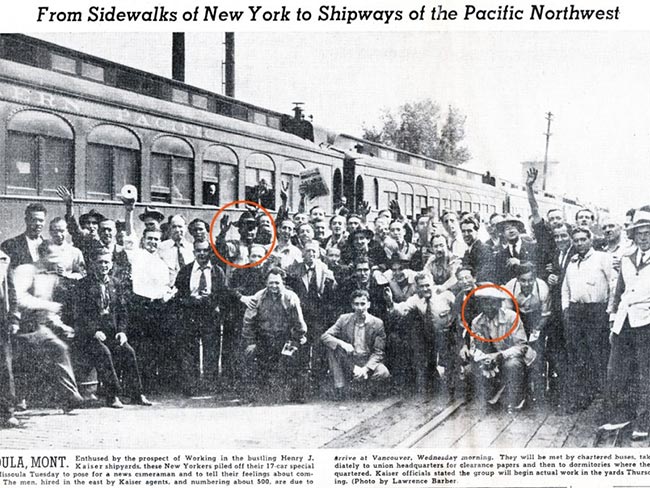 1942年的报纸剪裁，凭借凯撒造船厂工人从纽约雇用到波特兰的图像。