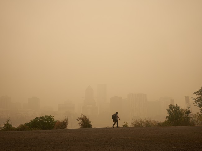 Wildfire smoke in air with orange hue.