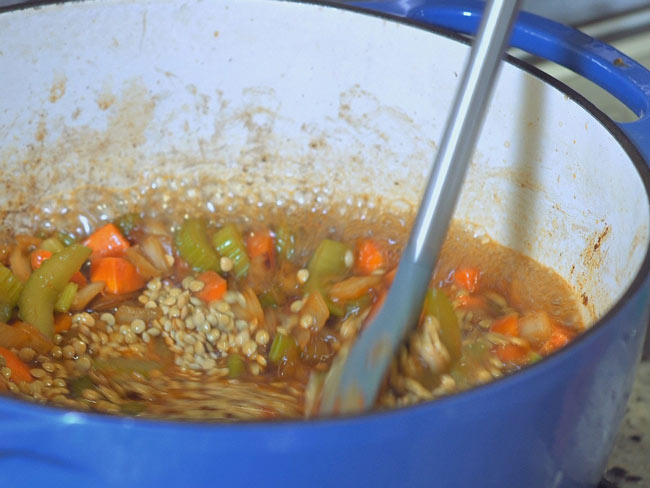 小扁豆与切碎的胡萝卜和芹菜梗混合在蓝色的锅里。
