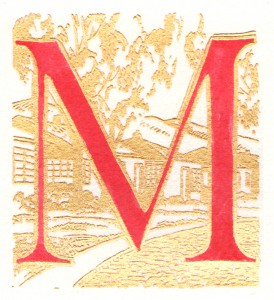 红色字母“M”，背景是米色的房屋插图。
